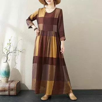 Летнее платье из хлопка и льна с круглым вырезом и принтом в стиле ретро L