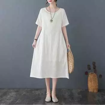 Летнее платье из хлопка и льна с жаккардовым узором, утягивающее талию и закрывающее живот, для женщин, повседневные платья больших размеров M тёмно-синий