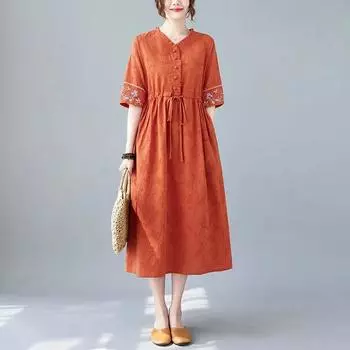 Летнее платье из хлопка и льна в этническом стиле, женская юбка для мам с вышивкой на талии, свободная льняная юбка в стиле темперамент XXL белый