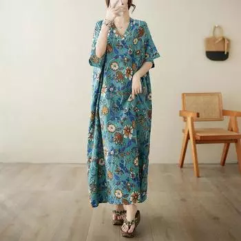 Летнее платье из хлопка и шелка с V-образным вырезом, свободного покроя, в стиле отпуска, для женщин, в стиле ретро, с длинным халатом one size синий