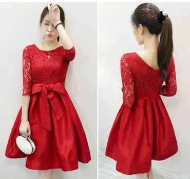 Летнее платье из красного кружева - женская юбка-пачка средней длины с рукавами три четверти (Коллекция 2025 г.) S