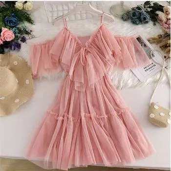 Летнее платье из сетчатой ткани с оборками и воротником-стойкой без бретелек и большие свободные платья One Size чёрный