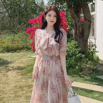 Летнее платье из шифона с оборками и цветочным узором в европейском и американском стиле - французский стиль XL абрикосовый света