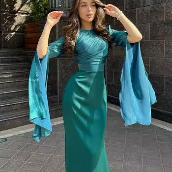 Летнее платье из стеклянной пряжи в европейском и американском стиле с широкими рукавами и длинным атласным облегающим кроем S белый