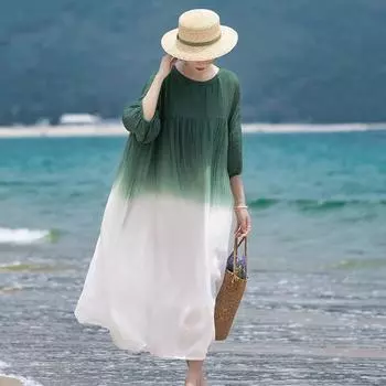 Летнее платье из ткани рами с градиентным дизайном, свободная длинная юбка больших размеров XL зелёный