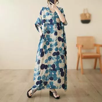 Летнее платье из тонкого хлопка и льна с v-образным вырезом, большие размеры, свободное пляжное платье в литературном праздничном стиле, длинные платья в стиле ретро One Size синий