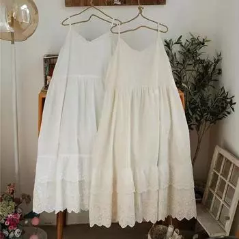 Летнее платье Johnature на тонких бретельках с v-образным вырезом, японское винтажное лоскутное кружевное свободное женское платье One Size чёрный