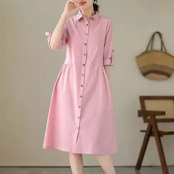 Летнее платье-кардиган из хлопка и льна, французское однотонное платье-рубашка для женщин M розовый