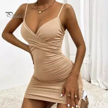 Летнее платье-комбинация на тонких бретельках, облегающее, с тонкой талией, с открытой спиной, без рукавов, с глубоким V-образным вырезом и крестом, сплошное цветное платье для выпускного вечера, минин-платье M хаки