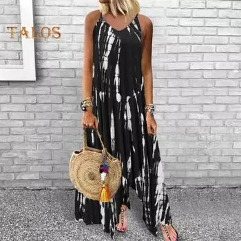 Летнее платье-комбинация, нерегулярное платье тай-дай с разрезом, открытой спиной, без рукавов, боковые карманы в тон, свободное пляжное платье длиной до щиколотки для отдыха. XL чёрный