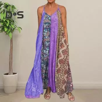 Летнее платье-комбинация с богемным принтом, открытой спиной, без рукавов, свободное, одинакового цвета, большого размера, трапециевидной формы с V-образным вырезом, пляжное платье макси для отпуска 4XL жёлтый