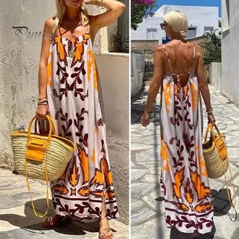Летнее платье-комбинация с глубоким вырезом и открытой спиной, без рукавов, с V-образным вырезом, принт соответствующего цвета, свободное длиной до щиколотки, пляжное платье макси для отпуска, сарафан S оранжевый