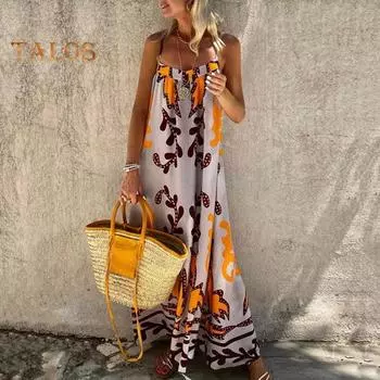 Летнее платье-комбинация с глубоким вырезом и открытой спиной, без рукавов, с V-образным вырезом, принт соответствующего цвета, свободное длиной до щиколотки, пляжное платье макси для отпуска, сарафан S оранжевый