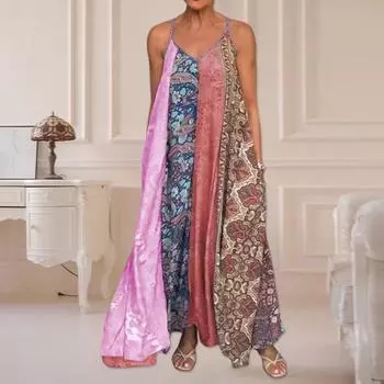 Летнее платье-комбинация с открытой спиной и без рукавов, свободный размер, трапециевидной формы, соответствующего цвета, плюс богемный принт, V-образный вырез, отпуск 4XL жёлтый