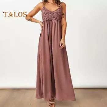 Летнее платье-комбинация с V-образным вырезом, открытой спиной, без рукавов, плиссированное, регулируемое, на бретельках, с полым крючком, кружевное, сплошное, свободное, пляжное, макси-платье, повседневное, с ремешками. XL кирпич красный