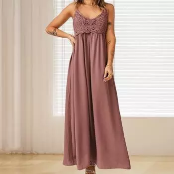 Летнее платье-комбинация с V-образным вырезом, открытой спиной, без рукавов, плиссированное, регулируемое, на бретельках, с полым крючком, кружевное, сплошное, свободное, пляжное, макси-платье, повседневное, с ремешками. XL кирпич красный