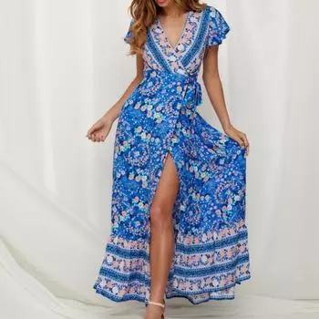 Летнее платье, красивая шнуровка, мягкая текстура, привлекательная тонкая длинная женская одежда нестандартной формы с короткими рукавами XL синий