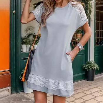 Летнее платье кружевное сращивание однотонные платья-футболки шикарные удобные и универсальные темпераментные элегантные повседневные женские платья S светло-серый