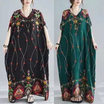 Летнее платье Literature Plus из хлопка и шелка с принтом, V-образным вырезом и короткими рукавами, женские длинные повседневные платья M чёрный