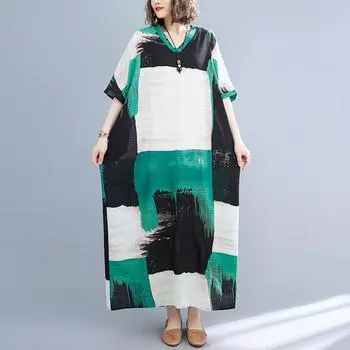 Летнее платье Literature Plus с принтом, V-образным вырезом и короткими рукавами, длинное женское One Size зелёный