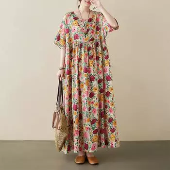 Летнее платье Literature Plus с принтом, круглым вырезом и короткими рукавами, длинное женское one size