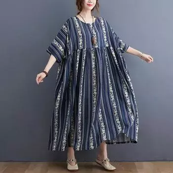 Летнее платье Literature Plus с принтом, круглым вырезом и короткими рукавами, длинное женское one size тёмно-синий