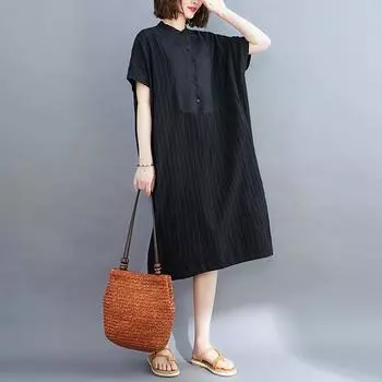 Летнее платье Literature Plus свободного кроя, однотонное, с круглым вырезом, короткими рукавами и средней длиной для женщин one size чёрный