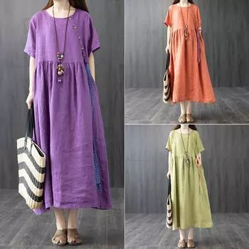 Летнее платье Literature Plus свободного кроя из однотонного хлопкового льна с круглым вырезом и короткими рукавами, средней и длинной длины для женщин, повседневные платья M фиолетовый