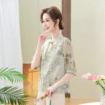 Летнее платье мамы все еще шифоновая блузка 2024 года новая одежда для женщин среднего и пожилого возраста весна и лето тонкий топ XL зелёный