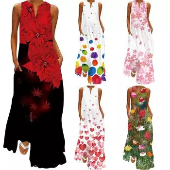 Летнее платье макси 2024 года в стиле ретро с V-образным вырезом и разноцветными рукавами 5XL