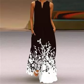 Летнее платье макси без рукавов с трапециевидным вырезом и цветочным принтом с V-образным вырезом и карманами на плечах, длинное платье полной длины S чёрный