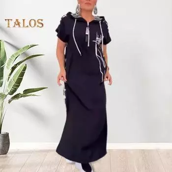 Летнее платье макси на молнии с капюшоном на шнурке с короткими рукавами Свободный подол с принтом в стиле пэчворк Повседневная повседневная одежда длинное платье 3XL чёрный