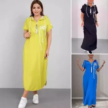 Летнее платье макси на молнии с капюшоном на шнурке с короткими рукавами Свободный подол с принтом в стиле пэчворк Повседневная повседневная одежда длинное платье 3XL чёрный