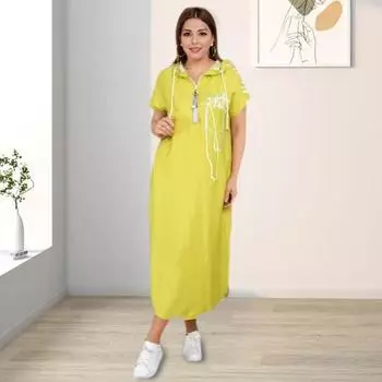 Летнее платье макси на молнии с капюшоном на шнурке с короткими рукавами Свободный подол с принтом в стиле пэчворк Повседневная повседневная одежда длинное платье 3XL чёрный