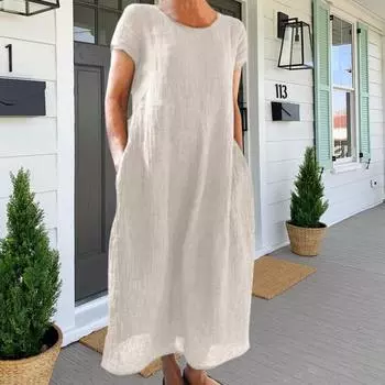 Летнее платье макси с боковыми карманами, круглым вырезом, короткими рукавами, свободное однотонное платье длиной до щиколотки в стиле ретро для повседневной носки, свиданий, путешествий L оранжевый