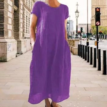 Летнее платье макси с боковыми карманами, круглым вырезом, короткими рукавами, свободное однотонное платье длиной до щиколотки в стиле ретро для повседневной носки, свиданий, путешествий S армия зеленый