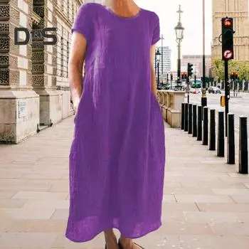 Летнее платье макси с боковыми карманами, круглым вырезом, короткими рукавами, свободное однотонное платье длиной до щиколотки в стиле ретро для повседневной носки, свиданий, путешествий M белый