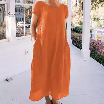 Летнее платье макси с боковыми карманами, круглым вырезом, короткими рукавами, свободное однотонное платье длиной до щиколотки в стиле ретро для повседневной носки, свиданий, путешествий M оранжевый