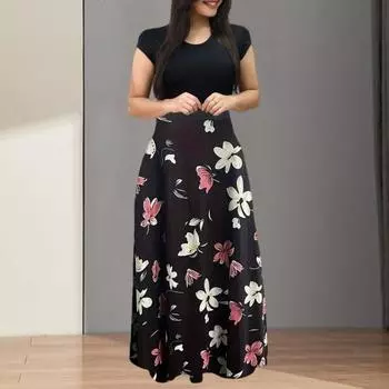 Летнее платье макси с цветочным принтом контрастного цвета в стиле пэчворк с короткими рукавами и круглым вырезом трапециевидной формы с высокой талией, дышащее длинное платье для свиданий и путешествий S чёрный