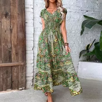 Летнее платье макси с глубоким v-образным вырезом и короткими рукавами, богемное пляжное платье трапециевидной формы с эластичным принтом и высокой талией, оборками и швами по подолу 3XL оранжевый
