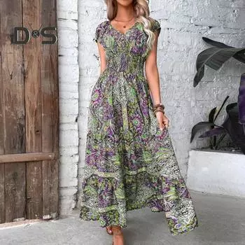 Летнее платье макси с глубоким V-образным вырезом и коротким рукавом, цветной принт в стиле бохо, эластичное, с высокой талией, оборками и строчкой по подолу, пляжное платье А-силуэта 3XL оранжевый