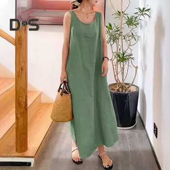 Летнее платье макси с круглым вырезом без рукавов, свободный пуловер однотонного цвета до щиколотки, повседневная одежда, домашняя одежда, длинное платье M жёлтый