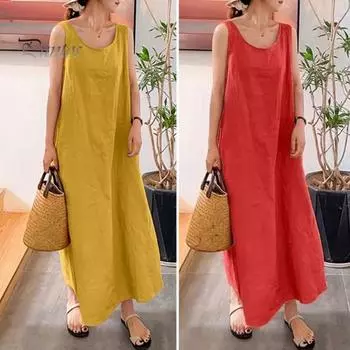 Летнее платье макси с круглым вырезом без рукавов, свободный пуловер однотонного цвета до щиколотки, повседневная одежда, домашняя одежда, длинное платье M розовый