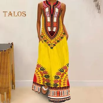 Летнее платье макси с открытыми плечами, без рукавов, трапециевидной формы, красочное ретро-платье в этническом стиле с принтом, V-образным вырезом и боковыми карманами, длинное платье во всю длину S чёрный