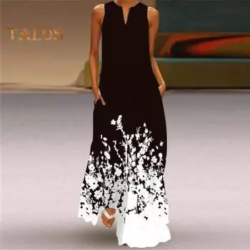 Летнее платье макси с открытыми плечами, без рукавов, трапециевидной формы с цветочным принтом, V-образным вырезом и боковыми карманами, длинное платье во всю длину S чёрный