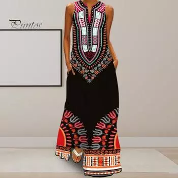 Летнее платье макси с открытыми плечами, без рукавов, трапециевидной формы, красочное ретро-платье в этническом стиле с принтом, V-образным вырезом и боковыми карманами, длинное платье во всю длину S чёрный