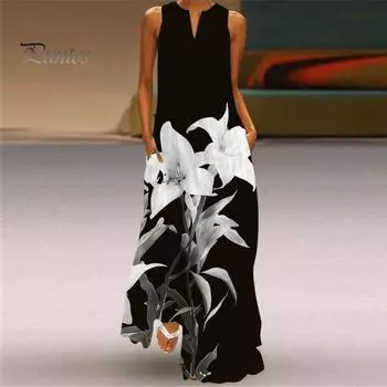 Летнее платье макси с открытыми плечами, без рукавов, трапециевидной формы с цветочным принтом, V-образным вырезом и боковыми карманами, длинное платье во всю длину S чёрный