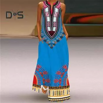 Летнее платье макси с открытыми плечами, без рукавов, трапециевидной формы, красочное ретро-платье в этническом стиле с принтом, V-образным вырезом и боковыми карманами, длинное платье во всю длину S чёрный