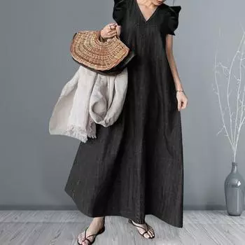 Летнее платье макси с рюшами, повседневное шикарное женское пляжное платье, женское платье M темно-синий