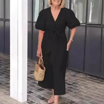 Летнее платье макси с V-образным вырезом, шнуровкой на талии, рукавами-фонариками, однотонное, свободное, длинное 2XL жёлтый